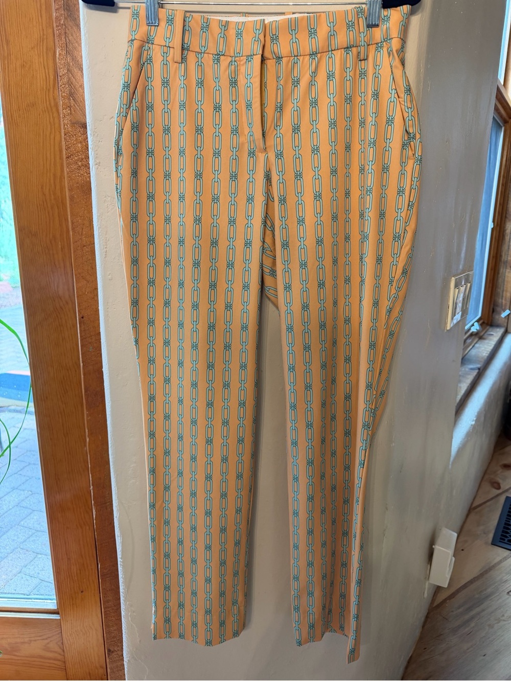 Tory Burch Women’s Patterned Stretch Pants in gold and turquoise